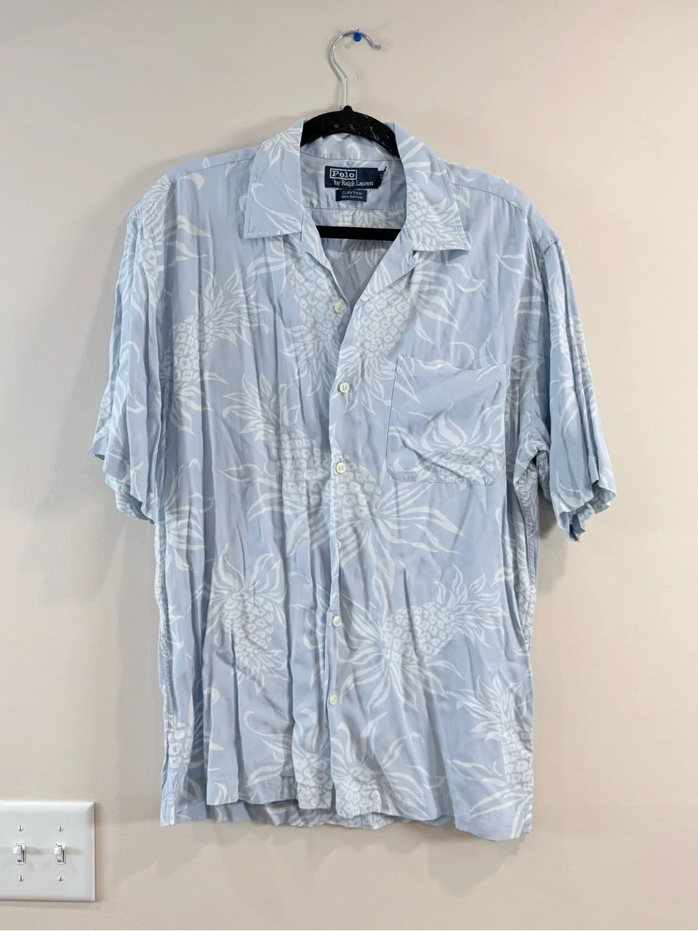 🔥Polo by Ralph Lauren Pale Blue Pineapple-Print Camp Shirt Size S EUC🔥